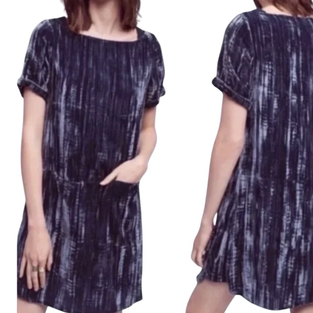 Anthropologie Floreat Blue Velvet Crinkle Short Sleeve Shift Dress Women Medium - Picture 3 of 11